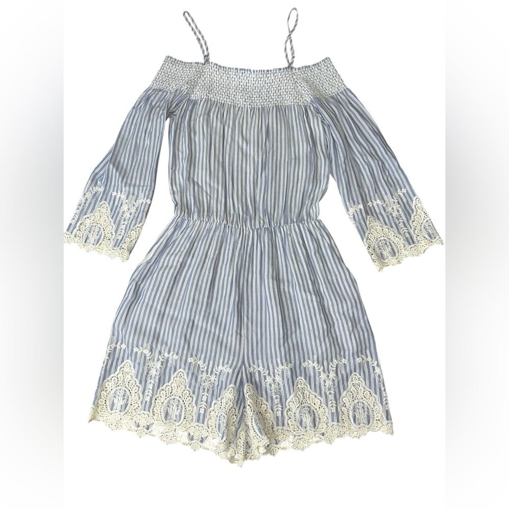 Hallhuber Womens Lt Blue White Striped Romper Shorts Embroidered Sleeves US Sz 2